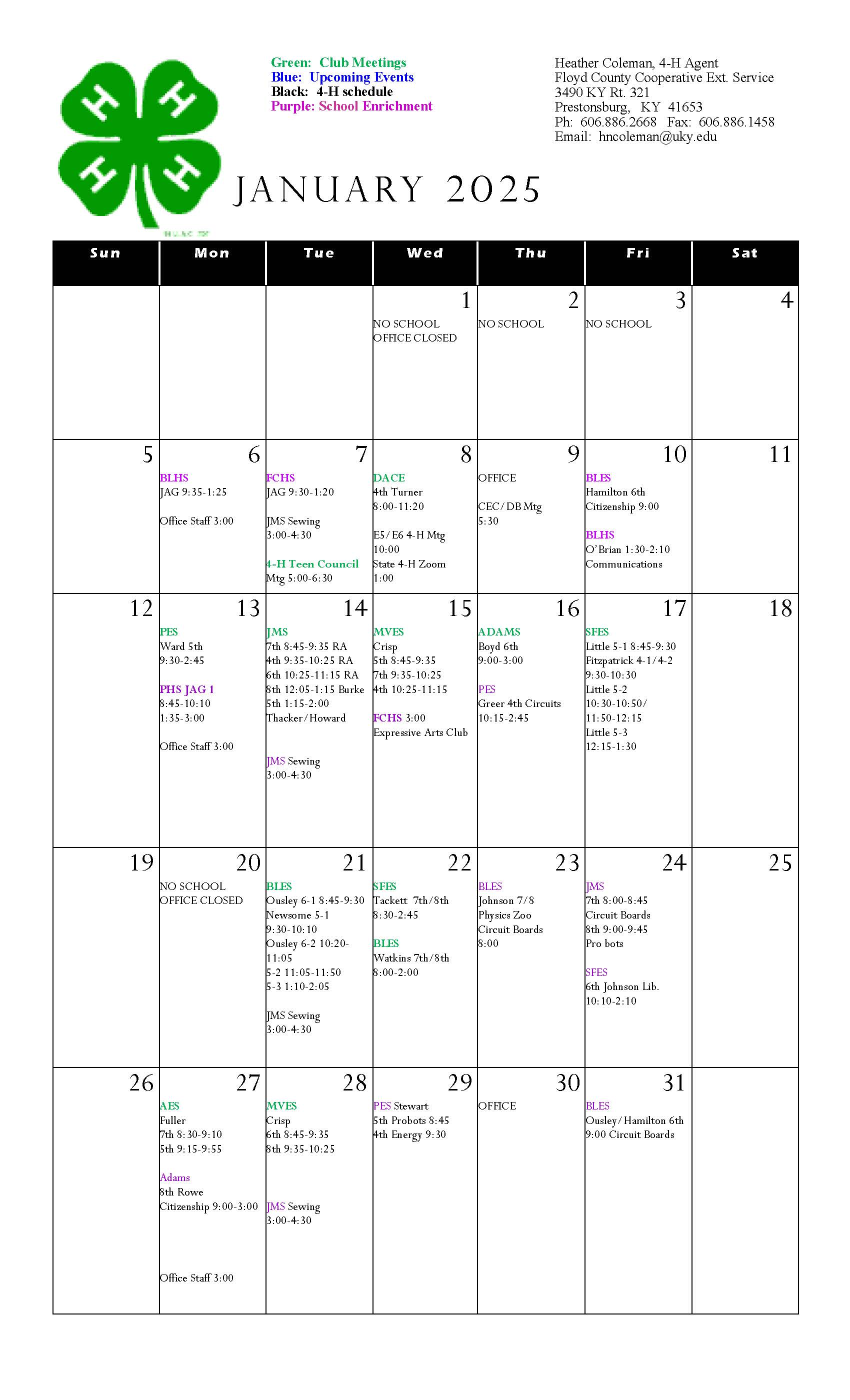 4-H January Calendar