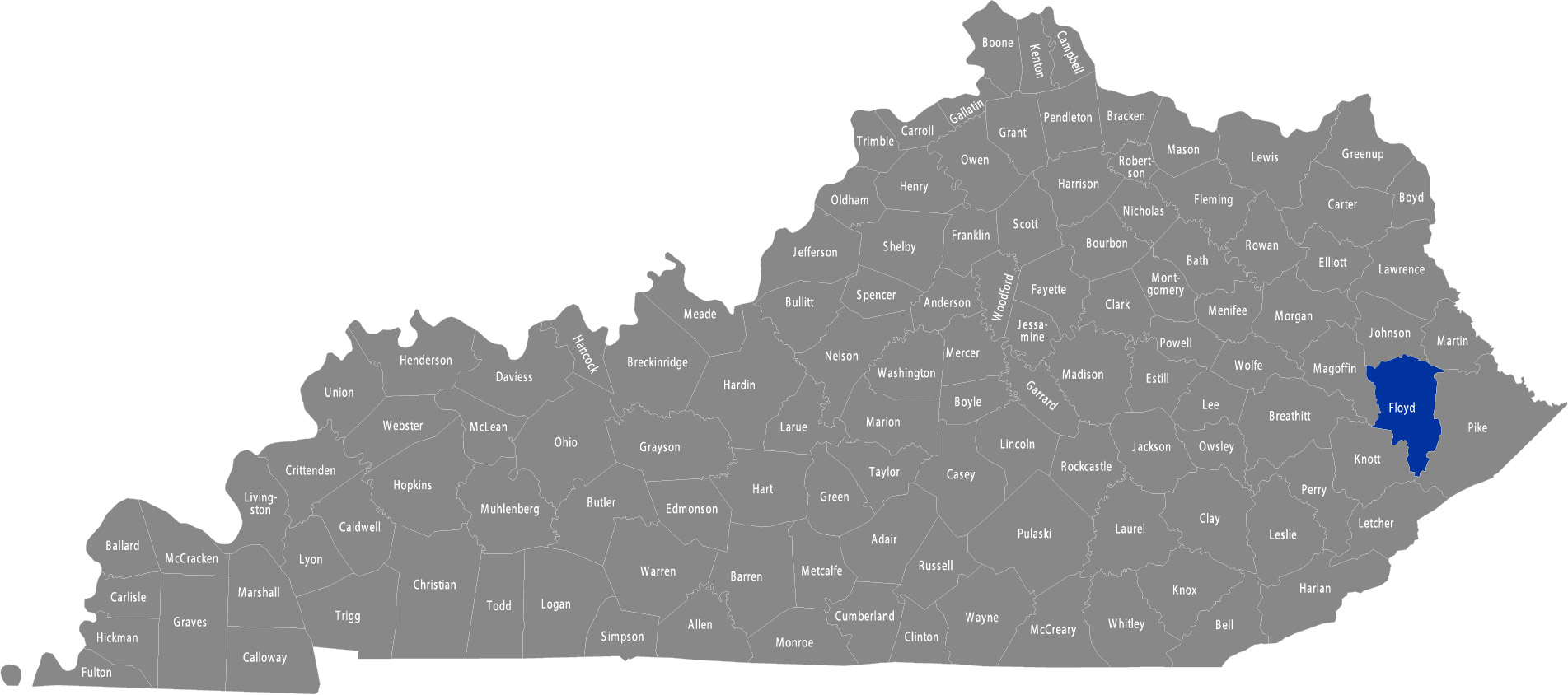 State of Kentucky map with Floyd County highlighted 